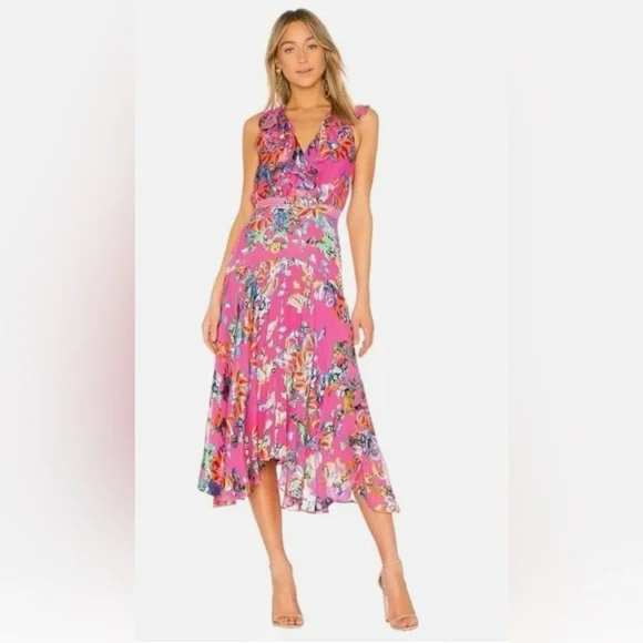 strapless open back dress SALONI Pink Yellow Multi Silk Floral Print Maxi Length Size 0 (XS) Dress –  ReturnStyle main image 1